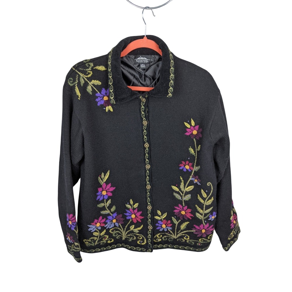 Icelandic Design Black Wool Blend Nordic Floral Embroidered Cardigan Sweater L